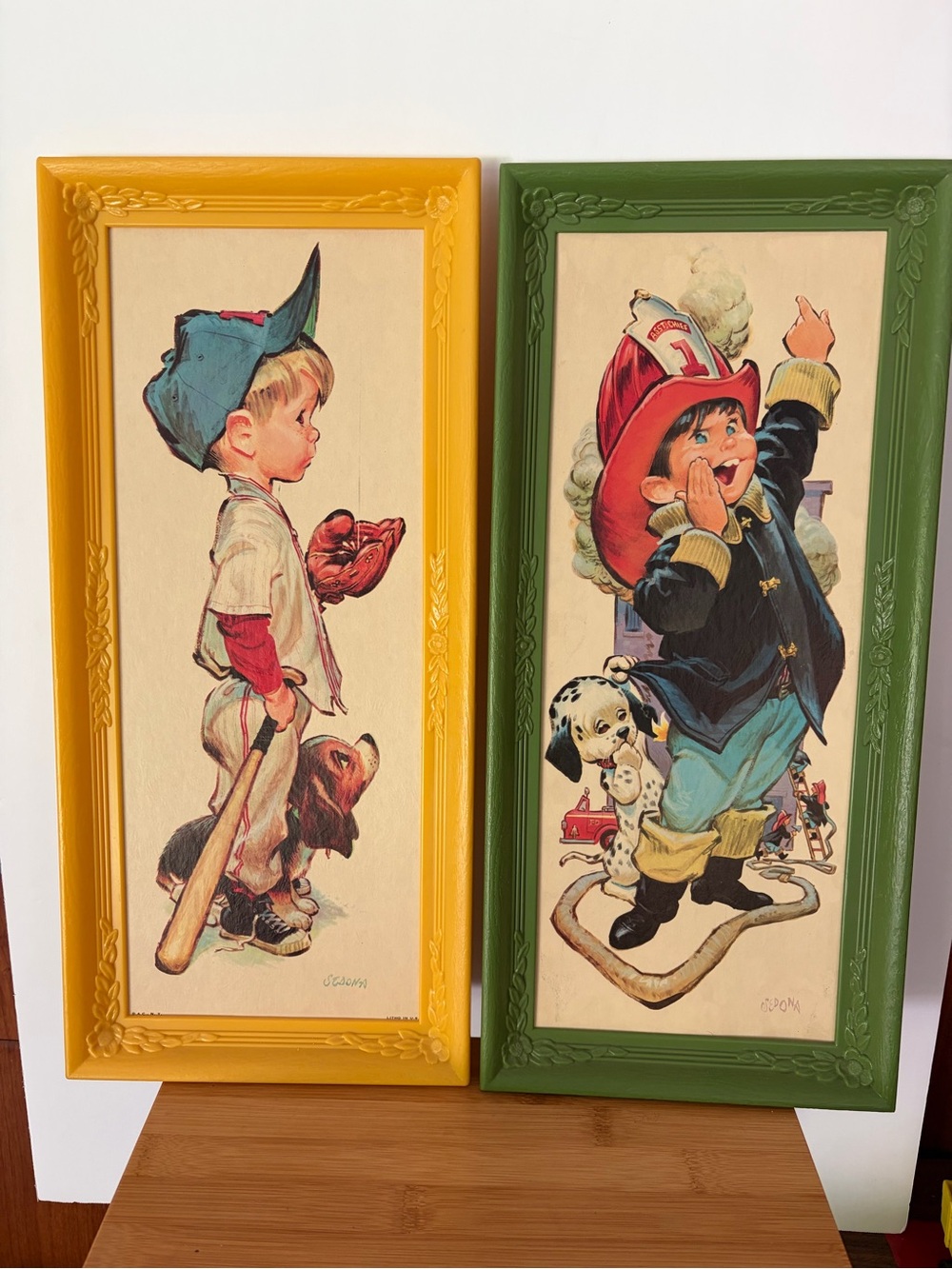 Vintage Midcentury 60s Children's Wall Art Pair Framed. Baseball Fireman Dogs